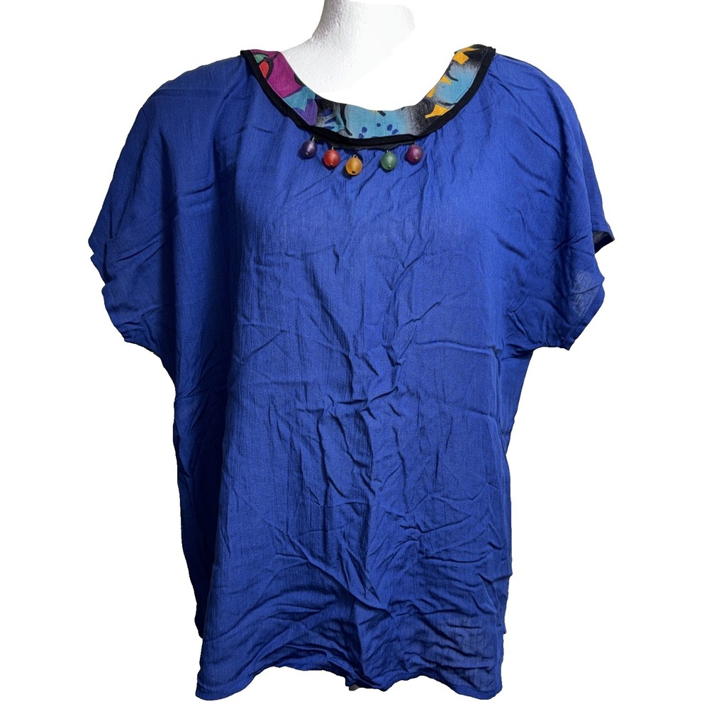 VTG Carole Little 2pc Cobalt Blue‎ Crinkle Gauze Tunic Pants Boho Art To Wear 12